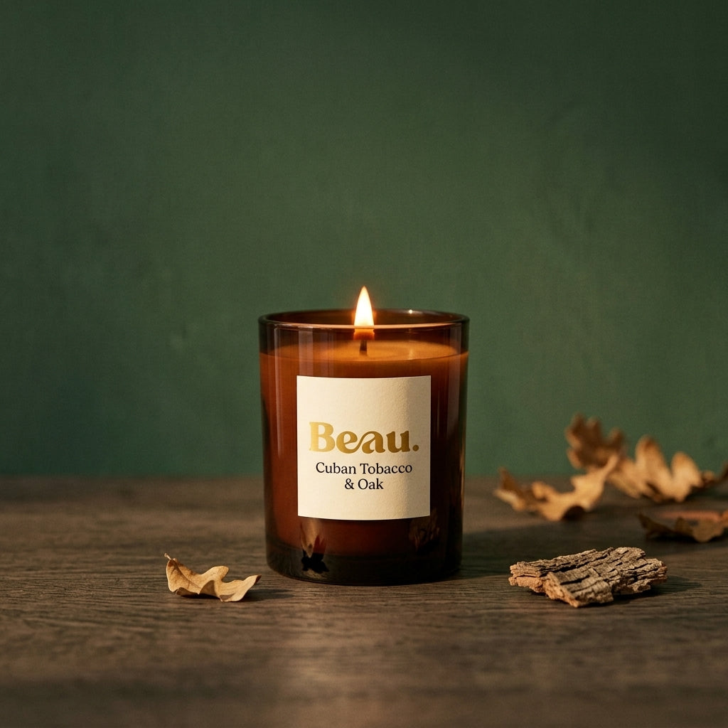 Cuban Tobacco & Oak soy candle lit in amber glass jar