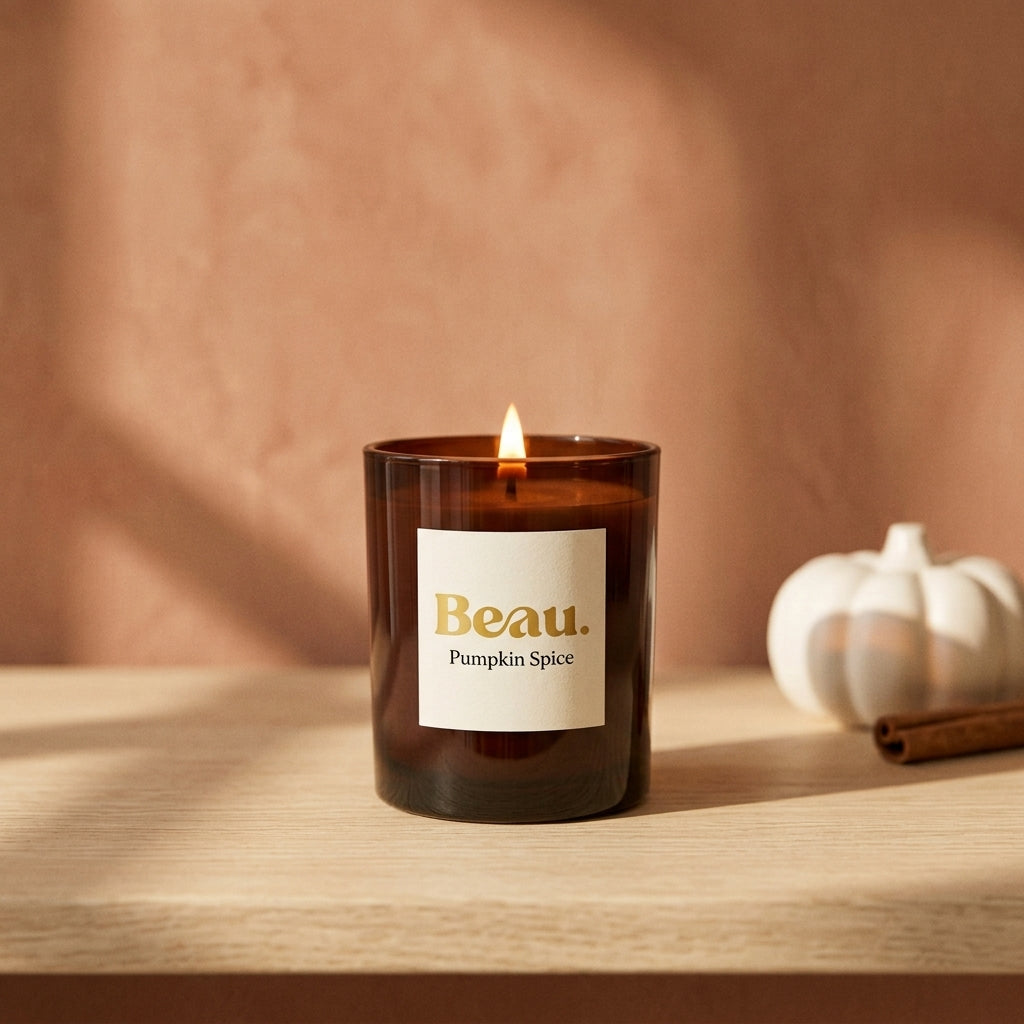Pumpkin Spice soy candle in amber glass with a small white pumpkin