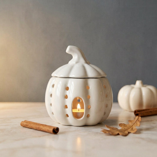 White ceramic pumpkin wax burner with tea light lit
